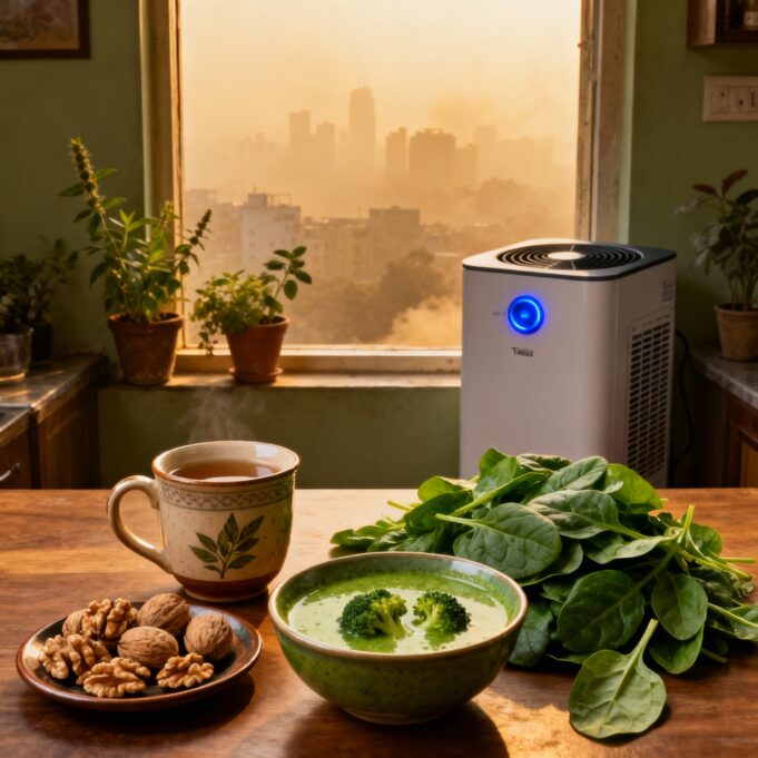 Air Pollution: सर्दियों की सांसों को बनाएँ सुरक्षित – पोस्ट-दीवाली प्रदूषण में आपकी रसोई कैसे बन सकती है फेफड़ों का कवच Air Pollution and Food measures. AI Image